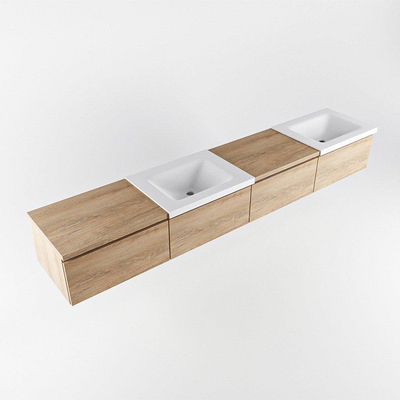 MONDIAZ BUKLA 240cm ensemble de meuble avec module 60 gauche couleur Chêne blanchi avec 4 tiroirs. Lavabo CLOUD double 0 trou de robinet couleur Talc.