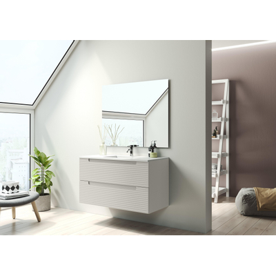 Saniclass Prime Balance Meuble de salle de bain - 100x55x45cm - 1 vasque ovale en céramique blanc - 1 trou de robinet - 2 tiroirs - miroir rectangulaire - mat cotton (beige)
