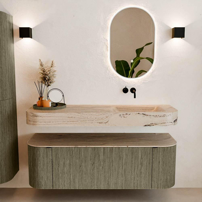 MONDIAZ THOR-DLUX Meuble de salle de bains 140cm arrondi gauche + droite couleur Shadow avec 1 tiroir et 2 portes. Vasque suspendue CLOUD Droite sans trou de robinet couleur Arena.