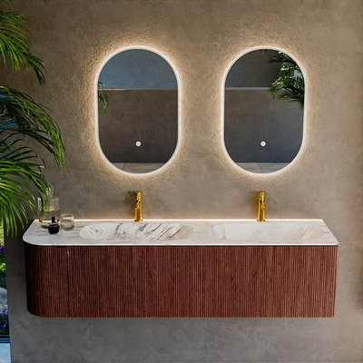 Ensemble de meuble de salle de bain Mondiaz KURVE-DLUX - 165x46x40cm - 2 tiroirs - 1 porte - lavabo en solid surface - double / droite - 2 trous de robinet - Ruby