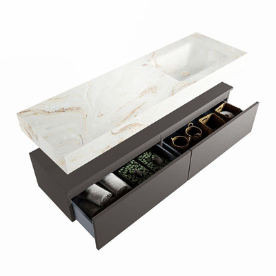 Mondiaz ALAN-DLUX Ensemble de meuble - 150cm - meuble Dark grey mat - 2 tiroirs - Lavabo Cloud Frappe suspendu - vasque Droite - 1 trou de robinet