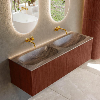 MONDIAZ KURVE-DLUX Meuble de salle de bains 140 cm couleur Ruby avec 2 tiroirs et 0 porte. Lavabo STOR SMALL Double sans trou de robinet Oza.