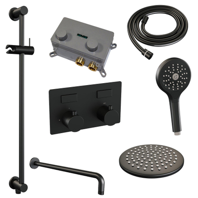 BRAUER Black Edition Douche de tête thermostatique encastrée - boutons-poussoirs - SET 69 - pomme de douche 20 cm - bras mural courbé - douchette 3 jets - flexible de douche - barre de douche intégrée - noir mat