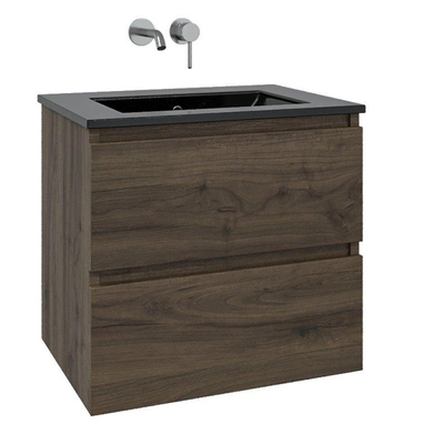 Saniclass Chaci Ensemble meuble de salle de bains - 60x46x55cm - lavabo céramique noir - 1 vasque - sans trou de robinet - 2 tiroirs - miroir rond avec éclairage - noyer (bois)