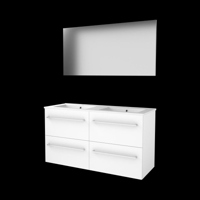 Basic-Line Basic 46 ensemble de meubles de salle de bain 120x46cm avec poignées 4 tiroirs lavabo en porcelaine 2 trous de robinetterie miroir mdf laqué blanc glacier