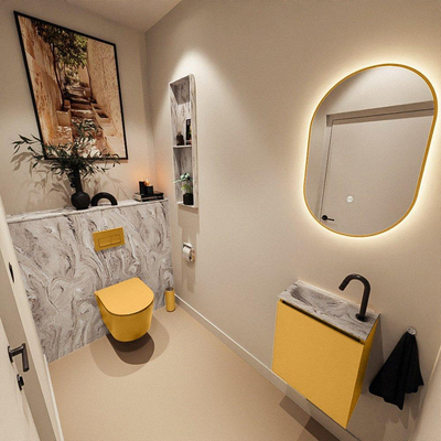 MONDIAZ TURE-DLUX Meuble toilette - 40cm - Ocher - EDEN - vasque Glace - position gauche - 1 trou de robinet