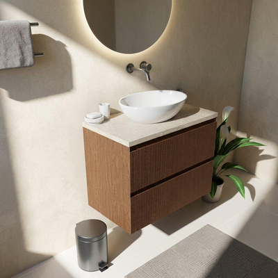 Saniclass Holz Atelier Ensemble de meuble de salle de bains - 80x45x63cm - Plan en pierre naturelle travertin - sans trou de robinetterie - 2 tiroirs - noyer pure mat (bois)