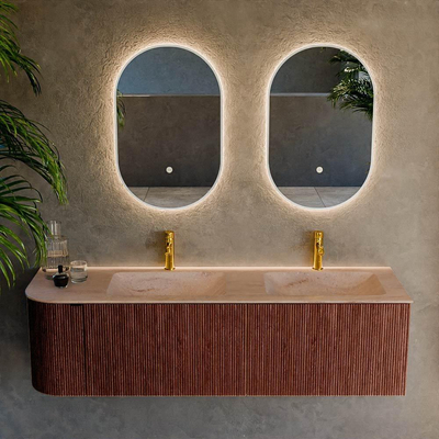 MONDIAZ KURVE-DLUX Meuble de salle de bains 155cm arrondi à gauche couleur Ruby avec 2 tiroirs et 1 porte. Lavabo LEAF Double / À droite 2 trous de robinet Saba.