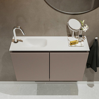 MONDIAZ TURE Kit lave-mains - 80x23x50cm - 1 trou de robinet - 2 portes - fumée mate - Lavabo à gauche - Acrylique Blanc