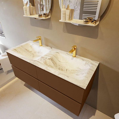 Mondiaz VICA-DLUX Ensemble de meuble de salle de bain - 120cm - meuble sous-vasque repos - 4 tiroirs - lavabo encastrée cloud double - 2 trous de robinet - version haute de 60cm - glace