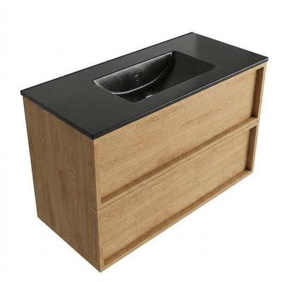Saniclass Holz Frame Ensemble meuble de salle de bains - 100x45x62cm - Lavabo Vygo en céramique noir - 1 vasque - sans trou de robinetterie - 2 tiroirs - chêne natural mat (bois)
