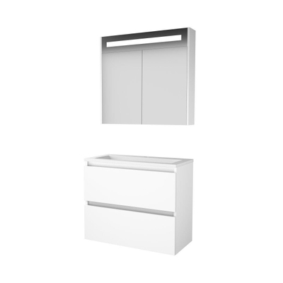 Basic-Line Premium 39 ensemble de meubles de salle de bain 80x39cm sans poignée 2 tiroirs lavabo acrylique 1 trou de robinetterie armoire de toilette éclairage led intégré mdf laqué blanc glacier