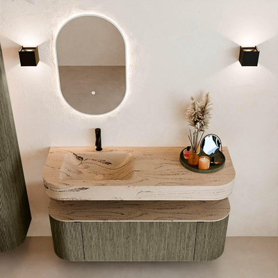 MONDIAZ THOR-DLUX Meuble de salle de bains 130cm arrondi gauche + droite couleur Shadow avec 1 tiroir et 2 portes. Vasque suspendue CLOUD Gauche 1 trou de robinet couleur Arena.