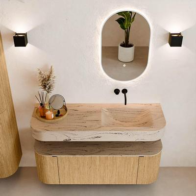 MONDIAZ THOR-DLUX 130cm badmeubel ronding links + rechts kleur Oak met 1 lade en 2 deuren. Vrijhangende wastafel CLOUD Rechts zonder kraangat kleur Arena.
