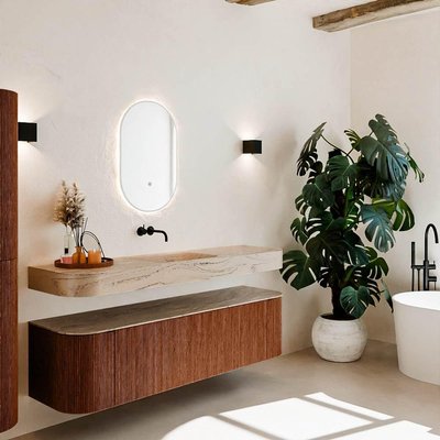 MONDIAZ THOR-DLUX 170cm meuble de salle de bains arrondi gauche + droite couleur Ruby avec 1 tiroir et 2 portes. Vasque suspendue CLOUD Milieu sans trou de robinet couleur Arena.