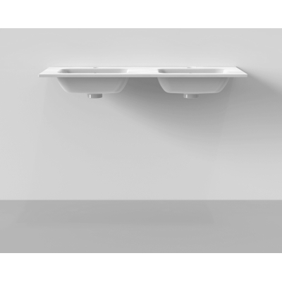 Arcqua Pakaru wastafel 121x46cm met overloopgat 2 kraangaten 2 wasbakken keramiek glans wit OUTLETSTORE