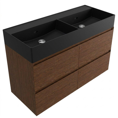 Saniclass Holz Pure Badkamermeubelset - 120x45x72cm - Legend keramische wastafel mat zwart - 2 wasbakken - zonder kraangaten - 4 lades - mat walnut pure (hout)