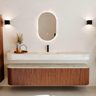 MONDIAZ THOR-DLUX Meuble de salle de bains - 190cm - arrondi gauche + droite - couleur Ruby - 2 tiroirs - 2 portes - Vasque suspendue CLOUD Centre 1 trou de robinet couleur Ostra