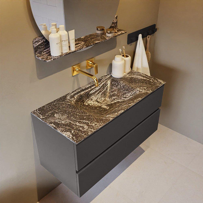 Mondiaz VICA-DLUX ensemble de meuble de salle de bain - 100cm - meuble sous-vasque gris foncé - 2 tiroirs - lavabo encastré cloud milieu - sans trous de robinet - miroir modèle spot - version XL 60cm haut - lave