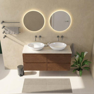 Saniclass Holz Atelier Ensemble de meubles de salle de bains - 140x45x63cm - Plan de toilette en pierre naturelle travertin - sans trou de robinetterie - 4 tiroirs - walnut pure mat (bois)