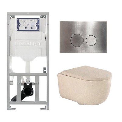 QeramiQ Dely Swirl Ensemble WC- 36.3x51.7cm - Réservoir encastré Geberit UP320 - Abattant de 35mm d'épaisseur - Plaque de commande en inox - Boutons ronds - Beige