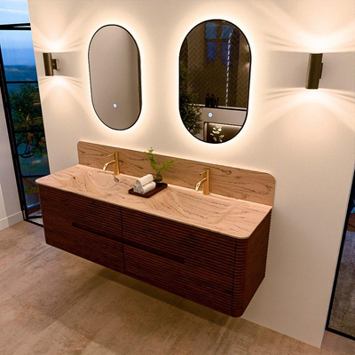 Mondiaz CIRO-DLUX Meuble de salle de bains - 160x45x50cm - Plan vasque solid surface Arena - 2 vasques Double - 2 trous de robinet - 4 tiroirs - Ruby