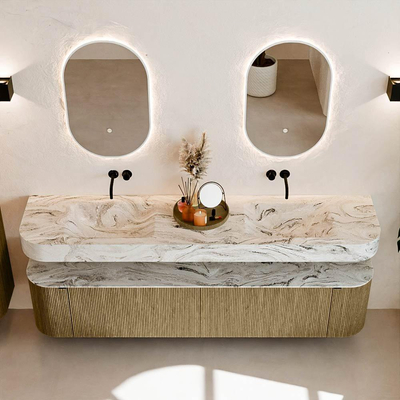 MONDIAZ THOR-DLUX Meuble de salle de bains - 200cm - arrondi gauche + droite - couleur Dusk - 2 tiroirs - 2 portes - Vasque suspendue CLOUD Double sans trou de robinet - couleur Glace