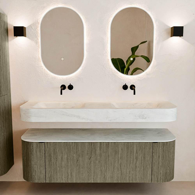 MONDIAZ THOR-DLUX 150cm meuble de salle de bains arrondi gauche + droite couleur Shadow avec 1 tiroir et 2 portes. Vasque suspendue CLOUD Double sans trou de robinet couleur Opalo.