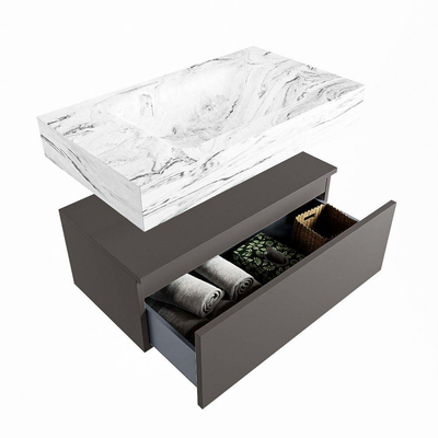Mondiaz ALAN-DLUX Ensemble de meuble - 80cm - meuble Dark grey mat - 1 tiroir - Lavabo Cloud Glace suspendu - vasque Centre - 0 trous de robinet