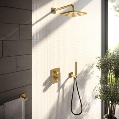 Hotbath Gal IBS40A Ensemble de douche - encastré - tête de douche carrée 20 cm - bras mural 35 cm - douchette à main stick - laiton brossé PVD