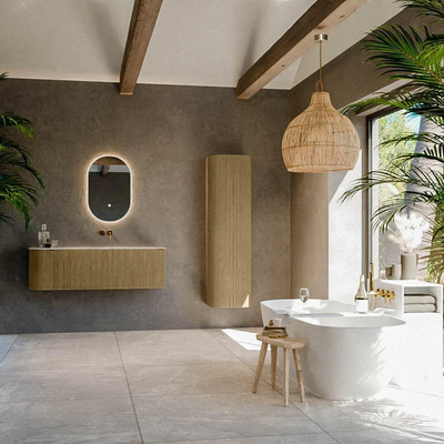 MONDIAZ KURVE-DLUX Meuble de salle de bains 135cm arrondi à gauche couleur Dusk avec 1 tiroir et 1 porte. Lavabo BIG MEDIUM à droite sans trou de robinet Meli.