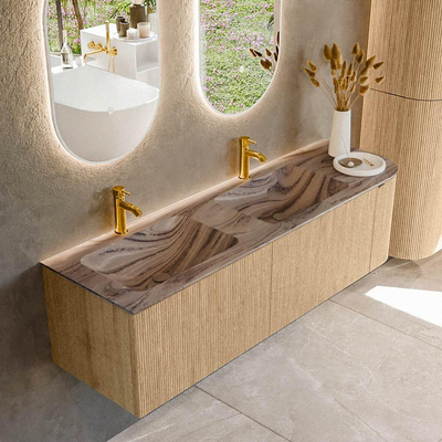 MONDIAZ KURVE-DLUX Meuble de salle de bains 155cm arrondi à droite couleur Oak avec 2 tiroirs et 1 porte. Lavabo LEAF Double / Gauche 2 trous de robinet Sombra.
