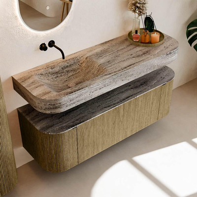 MONDIAZ THOR-DLUX 140cm meuble de salle de bains arrondi gauche + droite couleur Dusk avec 1 tiroir et 2 portes. Vasque suspendue CLOUD Gauche sans trou de robinet couleur Oza.