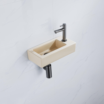 QeramiQ Fuente pack lave-mains – 37,5 x 18,5 x 9 cm – céramique beige – perçage à droite – robinet gunmetal brossé
