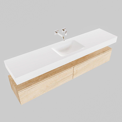 MONDIAZ ALAN 200cm - meuble sous-vasque - chêne blanchi - 2 tiroirs - lavabo suspendu - vasque au milieu - 0 trous de robinet - talc