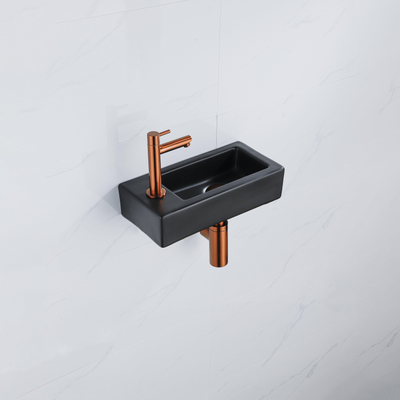 QeramiQ Fuente pack lave-mains – 37,5 x 18,5 x 9 cm – céramique noir mat – perçage à gauche – robinet cuivre brossé
