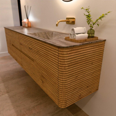 Mondiaz CIRO-DLUX Meuble de salle de bains - 190x45x50cm - Plan vasque solid surface Oza - 1 lavabo à droite - sans trous de robinet - 4 tiroirs - Chêne