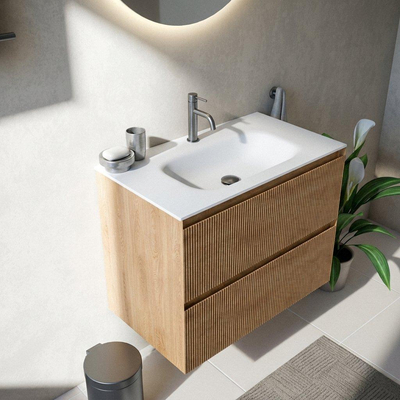 Saniclass Holz Atelier Ensemble de meubles de salle de bains - 80x45x61.5cm - Flow lavabo en solid surface blanc - 1 vasque - 1 trou de robinetterie - 2 tiroirs - chêne natural mat (bois)