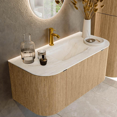MONDIAZ KURVE-DLUX Meuble de salle de bains 100cm avec module 25 Len R couleur Chêne avec 1 tiroir et 2 portes. Lavabo GRUNNE central 1 trou de robinet couleur Ostra.
