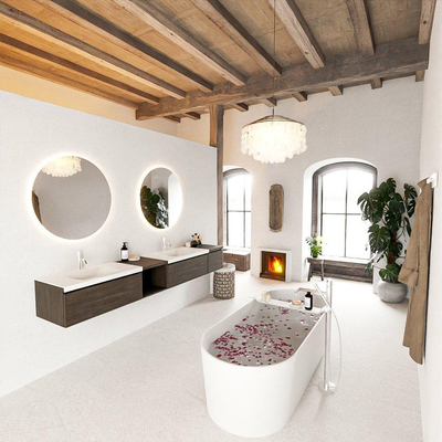 MONDIAZ BUKLA 240cm ensemble de meuble avec module ouvert 40 gauche couleur Marron Foncé avec 3 tiroirs. Lavabo CLOUD double 2 trous de robinet couleur Talc.