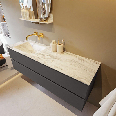 Mondiaz VICA-DLUX ensemble de meuble de salle de bain - 150cm - meuble sous-vasque gris foncé - 2 tiroirs - lavabo encastré cloud gauche - sans trous de robinet - miroir modèle spot - version XL 60cm de haut - glace