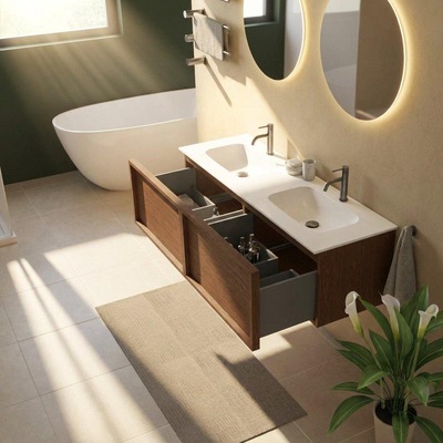 Saniclass Holz Frame Ensemble meuble de salle de bains - 140x45x41.5cm - Flow vasque en solid surface blanc - 2 vasques - 2 trous de robinetterie - 2 tiroirs - noyer pure mat (bois)