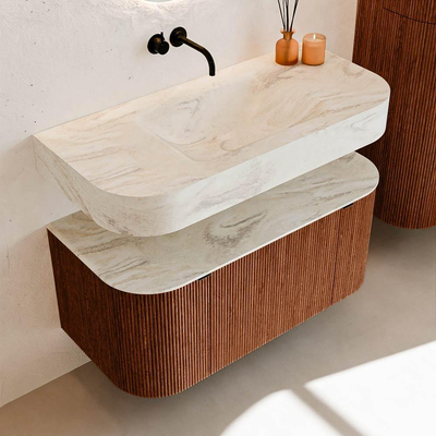 MONDIAZ THOR-DLUX 100cm badmeubel ronding links + rechts kleur Ruby met 1 lade en 2 deuren. Vrijhangende wastafel CLOUD Midden zonder kraangat kleur Ostra.