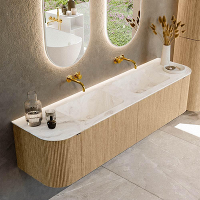 MONDIAZ KURVE-DLUX 180cm badmeubel met module 25 Len R kleur Oak met 2 lades en 2 deuren. Wastafel LEAF dubbel zonder kraangat kleur Frappe.