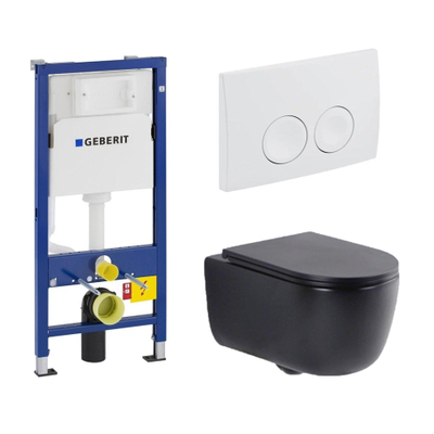 QeramiQ Dely Swirl Toiletset - 36.5x53cm - Geberit UP720 Duofix Sigma inbouwreservoir - slim zitting - witte Delta bedieningsplaat - ronde knoppen - mat zwart