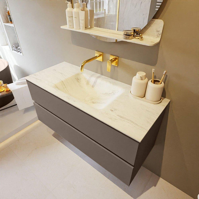 Mondiaz VICA-DLUX ensemble de meuble de salle de bain - 110cm - meuble sous-vasque fumée - 2 tiroirs - lavabo encastré nuage milieu - sans trous de robinet - version haute 60cm - opalo