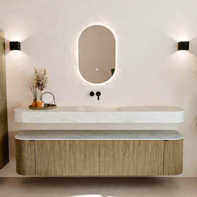 MONDIAZ THOR-DLUX Meuble de salle de bains - 190cm - arrondi gauche + droite - couleur Dusk - 2 tiroirs et 2 portes - Vasque suspendue CLOUD Milieu sans trou de robinet - couleur Opalo