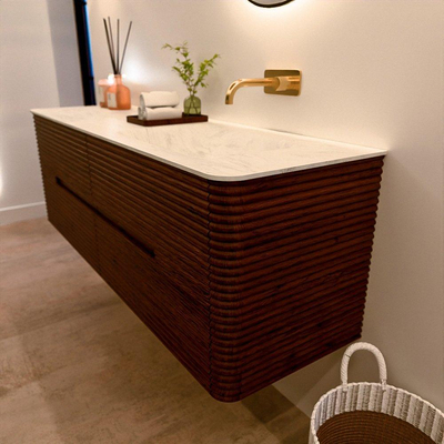 Mondiaz CIRO-DLUX Badkamermeubelset - 150x45x50cm - Solid surface wastafel Opalo - 1 wasbak Rechts - zonder kraangaten - 4 lades - Ruby