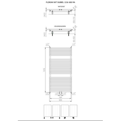 Plieger Florian Nxt M designradiator dubbel horizontaal met middenaansluiting 1216x600mm 980W wit