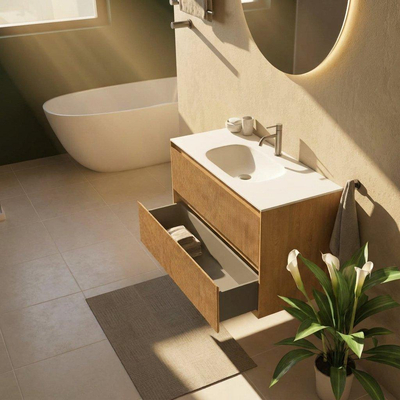 Saniclass Holz Atelier Ensemble de meuble de salle de bains - 100x45x61.5cm - lavabo Flow en solid surface blanc - 1 vasque - 1 trou de robinetterie - 2 tiroirs - chêne natural mat (bois)